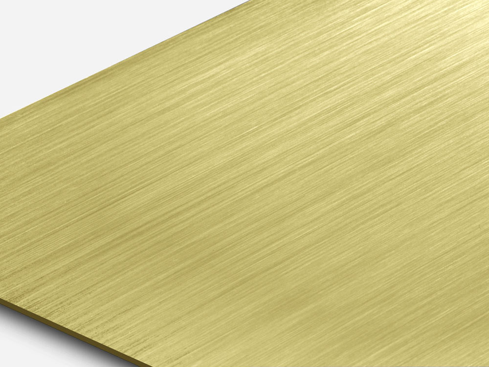 Hairline 1 patroon in RVS met gouden PVD Gold-TiN coating, plaat in perspectief