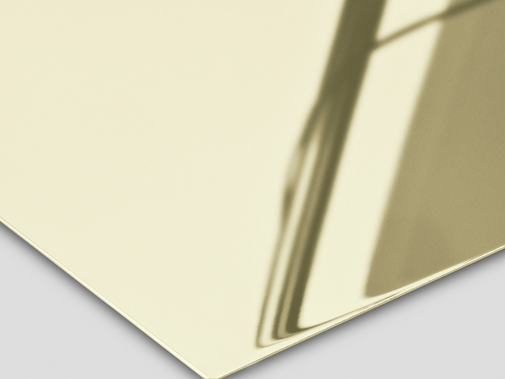 PVD-gecoat RVS in Champagne-TiN met Super Mirror 8-afwerking, warme champagnekleurige hoogglans spiegelfinish