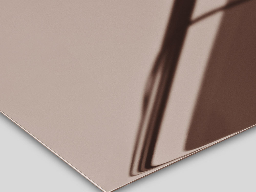 PVD-gecoat RVS in Bronze-TiN met Super Mirror 8-afwerking, warme bronzen hoogglans finish