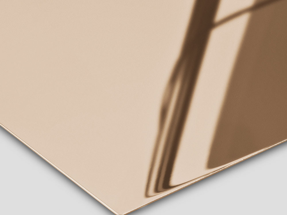 Rose Gold-TiN PVD op Super Mirror No.8 gepolijste RVS-plaat, warme roségouden hoogglans met spiegelreflectie