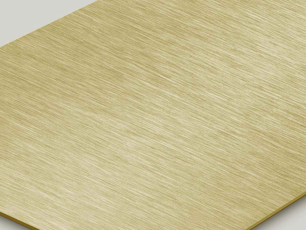Satin 1 satijn geslepen RVS met gouden PVD Gold-TiN coating, plaat in perspectief