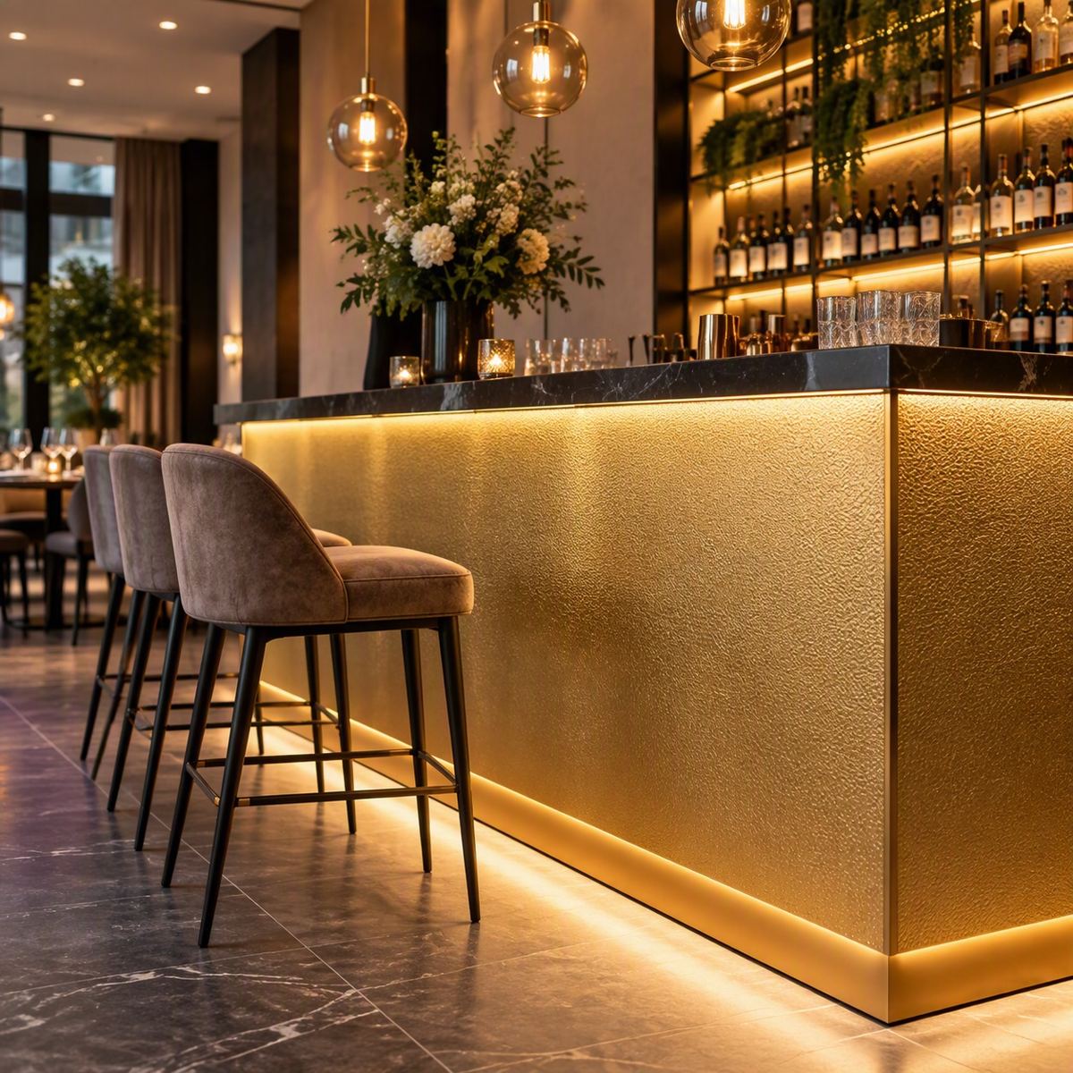 Barfront in een restaurant, bekleed met RVS in ledermotief met gouden PVD Gold-TiN coating