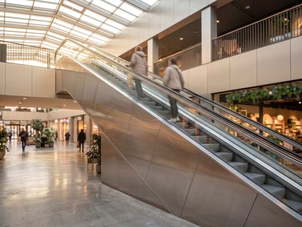 Roltrap in een winkelcentrum, schuin oplopend, met een zijbekleding van geborsteld RVS in grote panelen met zichtbare naden.