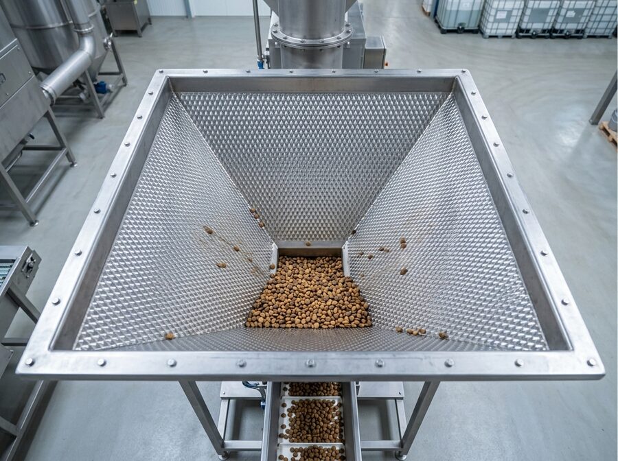 Strook RVS-plaat met 7WL-wafelpatroon schuin op een werkbank, met droge brokken erop