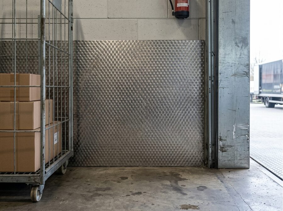 6WL wafelplaat in RVS op de onderste zone van een expeditiewand, naast een rolcontainer